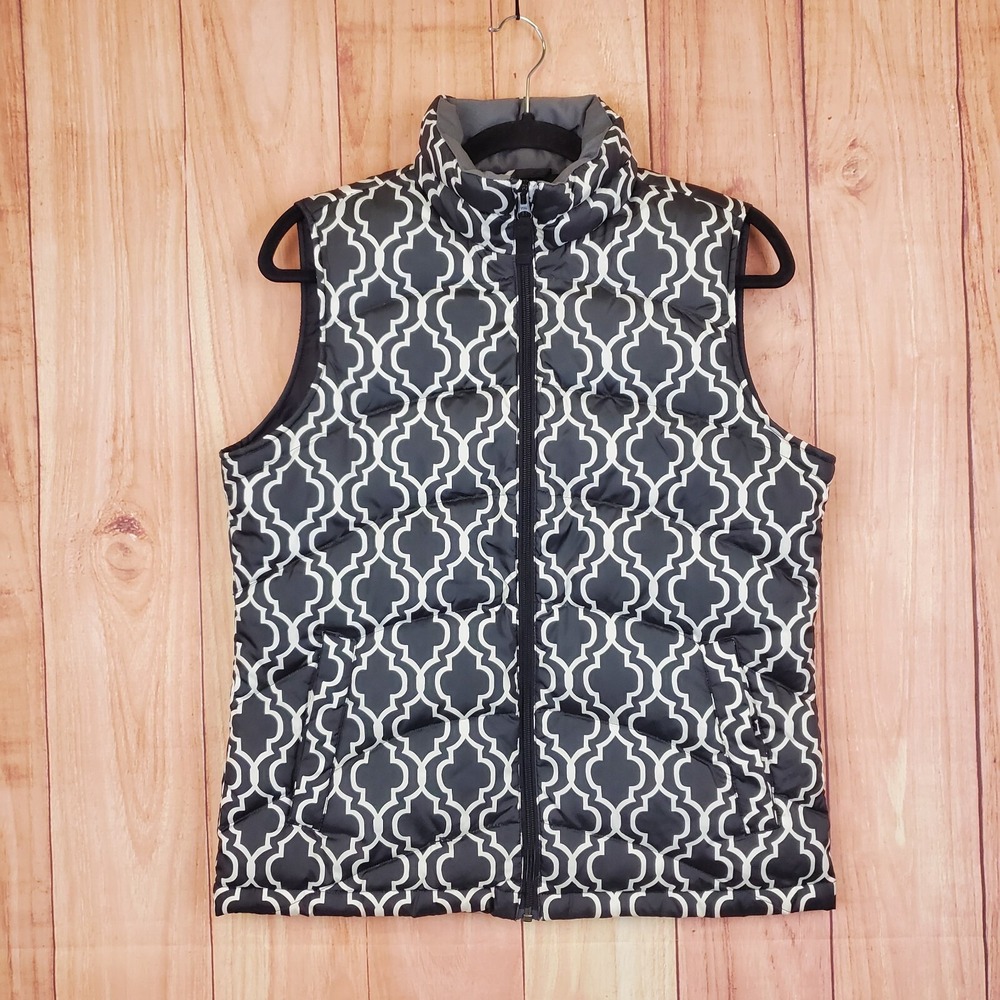 Lands End Womens Down Vest Sz S Small Full Zip Black White Geometric